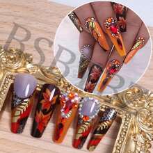24 PCS Luxury Handmade Press On Nails Long Coffin Fake Nails With Rhinestones Designs Glitter Fall Leaves Press On Y2k False Nails Autumn With Maple Leaf Stick On Nails Thanksgiving For Women DIY,17114395 - 駝色 - 查看 2