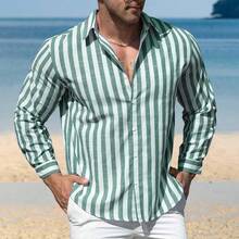 Men's Cotton And Linen Striped Long Sleeve Shirt With Color Block, Ideal For Spring And Fall, A Comfortable And Casual Option As A Gift - 豆綠色 - 查看 2