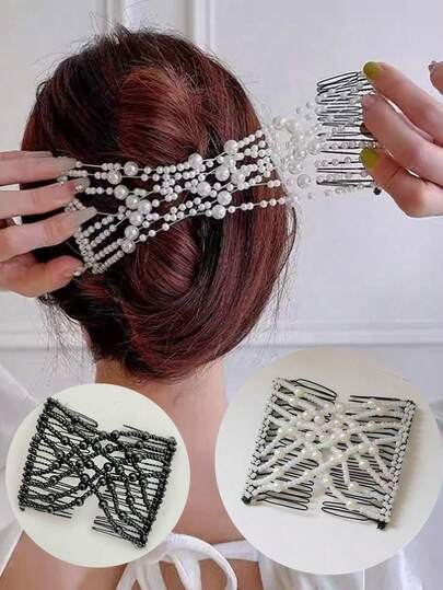 2件套创意弹力发梳魔术发髻器，多功能发夹，饰有仿珍珠和蝴蝶结，可延长发髻，打造丸子头，用作发饰，也可用于发夹、发卡、发夹等，适合秋季、冬季女性穿搭，蝴蝶结装饰，可爱时尚，也可用于婚礼等场合，是发饰和头饰的理想之选。