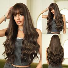 Stylish Coffee Brown Golden Highlight Wigs Extra Long Wavy Wig With Bangs, High Density Heat-Resistant Fiber Hair, Fluffy Natural Synthetic Wave Curly Wigs For Women Daily Party Use 28 Inch Wig Accessories - Làm nổi bật tóc vàng - Xem 9