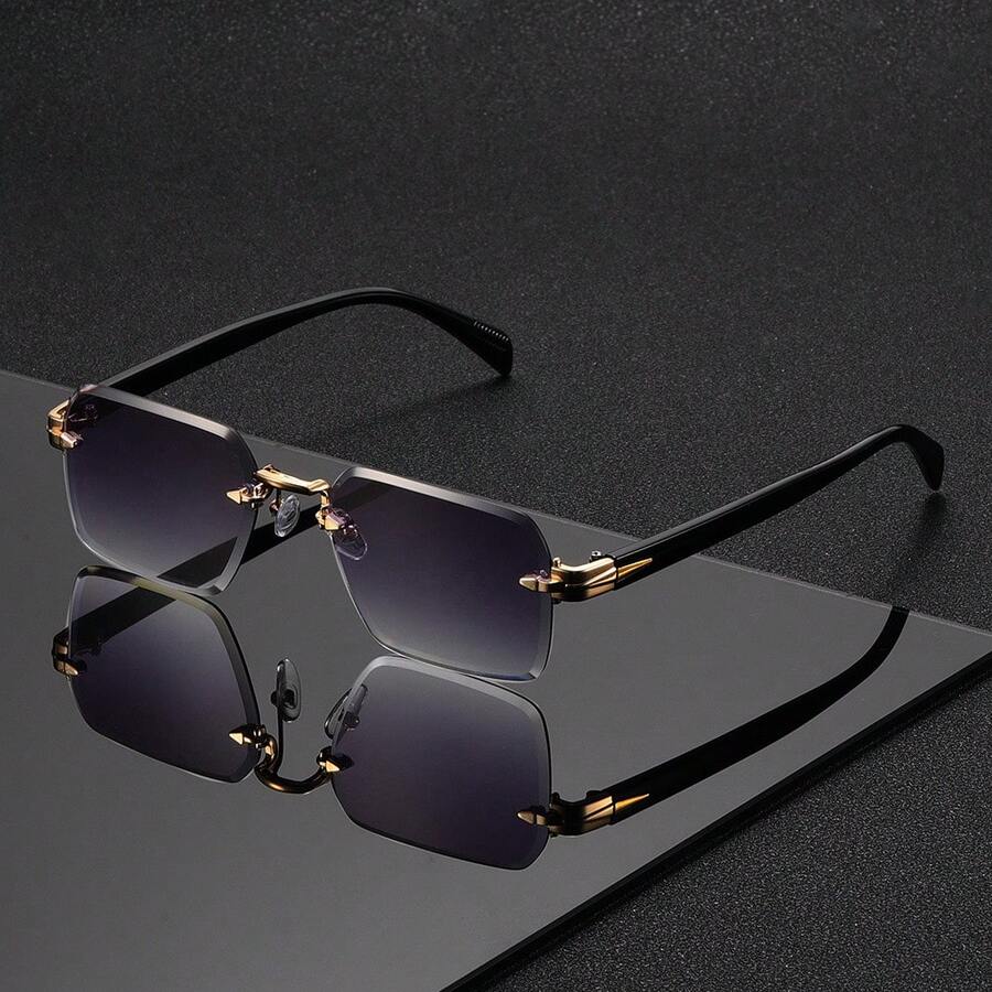 1 Pair Of New Frameless Trimmed Square European And American Cross-Border Glasses Men's Personalized Street Photography Fashion  Glasses - 金色框架雙灰色 - 查看 1
