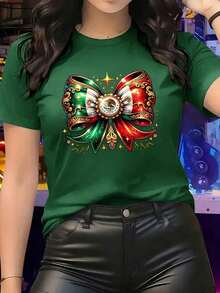 Mujer casual camiseta moderna negra/blanca estampado lazo bandera de México ajuste relajado cuello redondo manga corta primavera verano diario - Verde - Ver 1