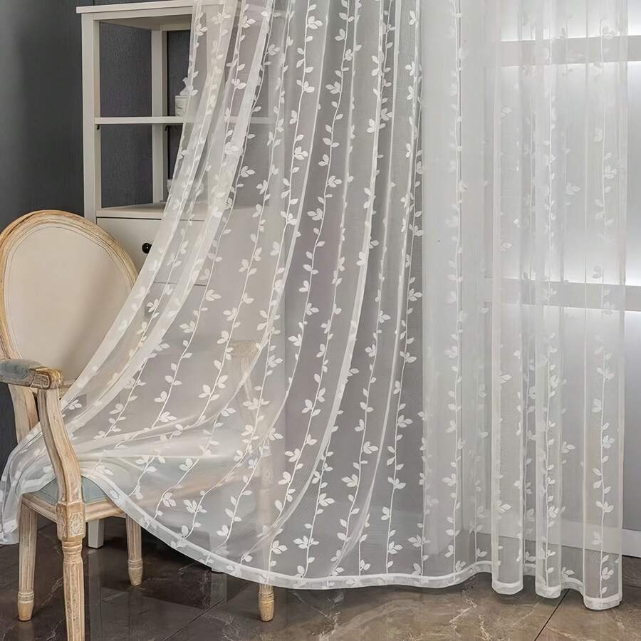 1pc Korean Style 3D Embossed Leaf Pattern Translucent Window Curtain, Bedroom Living Room Balcony Sheer Curtain, Modern Minimalist