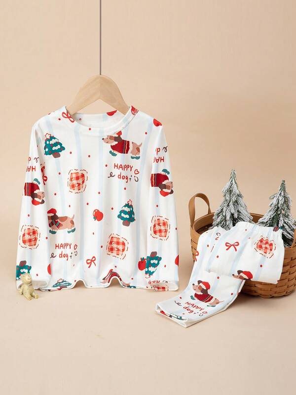 2pcs/Set Young Boys Christmas Pjs Long Sleeve Top And Pants Pajamas Set, Puppy And Christmas Tree Prints, Comfortable Underwear Or Sleepwear For Autumn/Winter