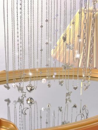 14 件/13 件/11 件/9 件/6 件复古时尚优雅简约波西米亚复古硬币风格金属多元素仿珍珠闪亮水晶蝴蝶心星月亮吊坠项链套装，个性化甜美 Y2K 高端性感分层锁骨链，男女通用，适合度假、派对、约会、聚会、生日礼物、日常百搭、节日礼物