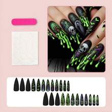 24 Pcs Halloween Press On Nails Almond Medium French Tip Fake Nails 3D Spider Designs False Nails With Pink Gradient Reusable Arificial Glossy Full Cover Acrylic Stick On Nails For Women DIY Decorate,17114491 - 青檸色 - 查看 2