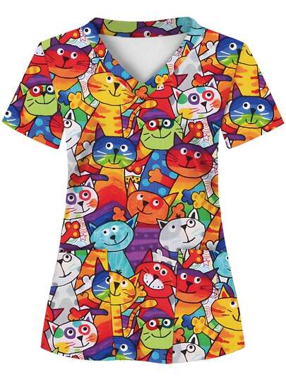 เสื้อสครับผู้หญิงพิมพ์ลายเต่าทะเลสีสันสดใส, 2 ช่องกระเป๋า, เสื้อยืดใส่สบายสำหรับบุคลากรทางการแพทย์ - ชุดยูนิฟอร์มเนื้อนุ่ม ระบายอากาศได้ดี เหมาะสำหรับโรงพยาบาล คลินิกทันตกรรม ร้านเสริมสวย และสถานพยาบาล, ชุดทำงานพยาบาล 2 ชิ้น