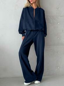 女士立领罗纹卫衣套装，宽松休闲风，舒适实用