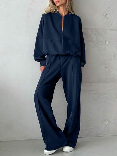 女士立领罗纹卫衣套装，宽松休闲风，舒适实用