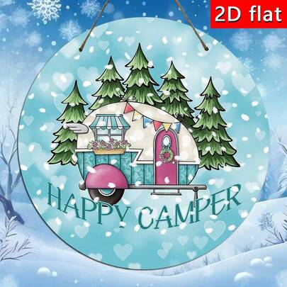 1 pieza Decoración rústica de pared de madera redonda, con un elegante patrón de furgoneta de camping y árbol de pino, tema de "Feliz Campista" para decoración navideña del hogar