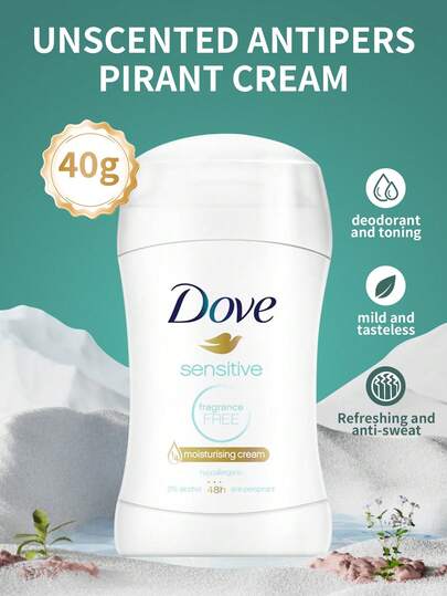  1 flaska 40 g Dove parfymfri deodorantkräm, återfuktande och känslig hud, formula för armhålorna