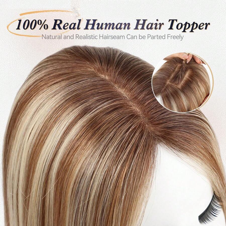 Human Hair Toppers 4*5.5 Inch Top Skin Base Comfortable And Soft Highlights Blonde Color Silk Base Human Hair Topper For Women Cover Grey Roots