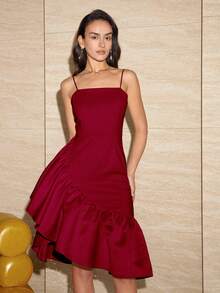 Women's Elegant Solid Color Ruffle Hem Backless Dress, Valentine's Day Outfit, Spring And Summer - Red - View 5