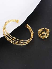 2件套【来自沙特阿拉伯的精美礼物】24K镀金可调节手链戒指套装，女士珠宝，优雅波西米亚风格手链设计，叠戴波西米亚风珠宝，沙特女士时尚珠宝套装，多种款式可选，日常及派对佩戴的完美礼物