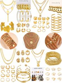 38-68pcs  Style Simple Elegant Vintage Butterfly, Heart, Faux Pearl, Twist Knot, Star, Moon, Rhinestone, Wide Band, Snake Chain, Braid Chain, Geometric C-Shape Earrings, Necklace, Ring, Bracelet Jewelry Set For Holiday, Party, Daily Wear