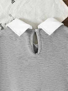 2pcs Back To School Girls' Spring/Autumn Lace Bow Collar Color Block Long Sleeve Top + Lace Bow Decor Pants Set, Fashionable Sporty Collegiate Style Outfit For Girls