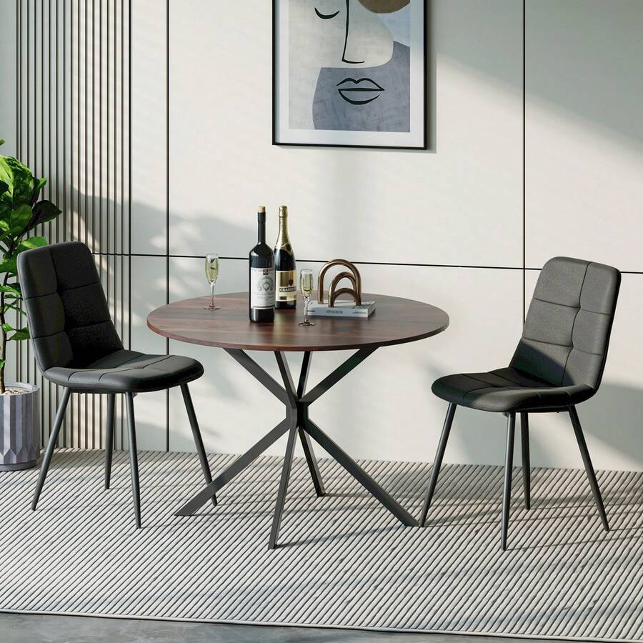 Dining Table And Chairs Set Of 2, Brown Folding Round Dining Table With 2 Black Linen Fabric Chairs For Dining Room, Kitchen, Living Room