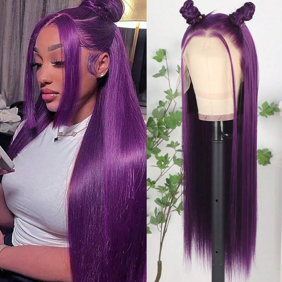 13X6 Platinum White Synthetic Lace Front Wigs 28 Inch Pre Plucked Long Straight Hair Wigs Glueless White Wigs Heat Resistant Fiber Hair Natural Halloween Wigs Platinum Blonde Lace Front Wigs For Women For Daily Christmas Party Cosplay Use - 紫色 - 查看 1