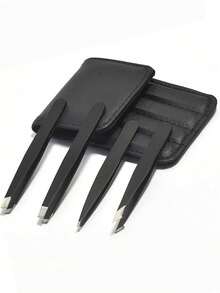 4pcs Eyebrow Tweezers Set With Black Leather Case, Professional Makeup Beauty Tools, Suitable For Commercial And Home Use - Black - View 1