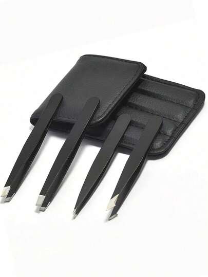 4件套眉镊套装，配黑色皮套，专业化妆美容工具，适合商业和家庭使用