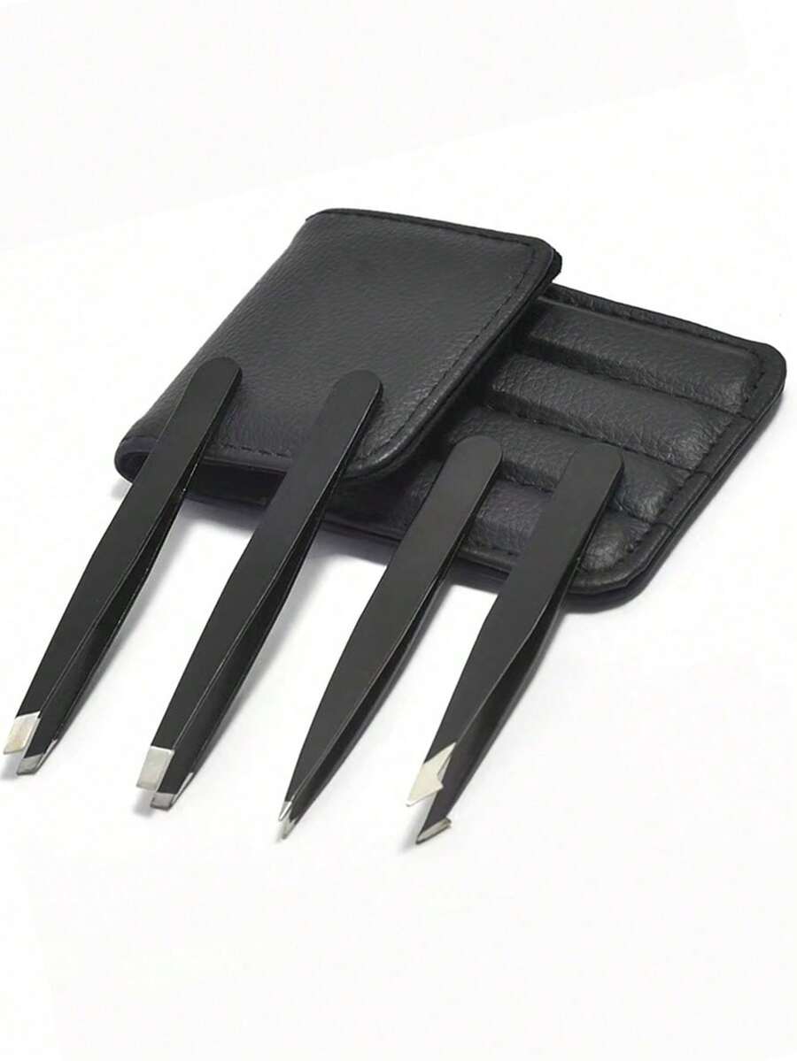 4pcs Eyebrow Tweezers Set With Black Leather Case, Professional Makeup Beauty Tools, Suitable For Commercial And Home Use - Black - View 1