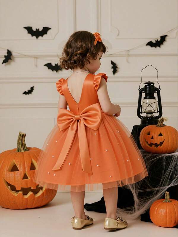 Baby Girls' Cap Sleeve Bow Tulle Orange Elegant Christmas Party Dress, Princess Dress Suitable For 1st Birthday Party, Banquet, Wedding Flower Girl Outfit