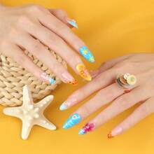 Tropical Flowers Press On Nails Short Almond Fake Nails 3D Colorful Flower False Nails With Bead Pearl Charms Design Glue On Nails Summer Floral Acrylic Nails French Tip Stick On Nails For Women 24Pcs,17114402 - 紫紅色 - 查看 2