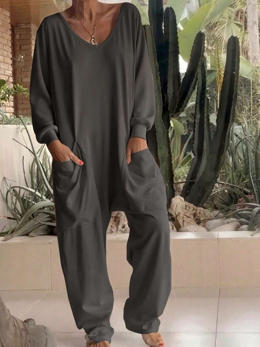 女士纯色针织连体裤，带口袋，适合假日、婚礼、度假、日常休闲穿着，秋冬春季皆宜，优雅百搭。 - 深灰色 - 查看 1