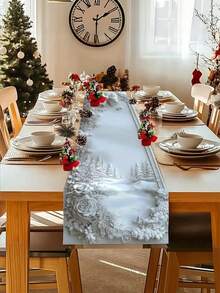 1 件冬季雪景森林花卉桌旗 - 涤纶压花雪景森林，配以松树、玫瑰和浆果设计，适合情人节、圣诞节、家居装饰 - 厨房餐桌、咖啡桌、客厅装饰布、冬季仙境装饰（13x35.4/47.2/63/72/78.7 英寸） - 銀色 - 查看 2