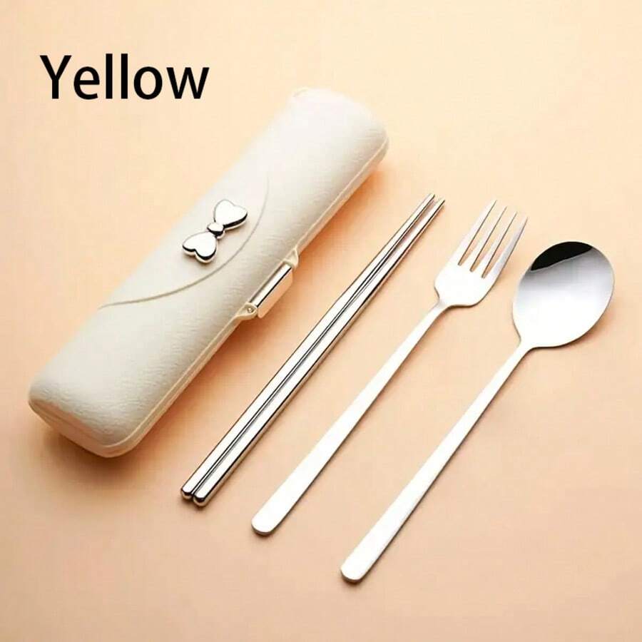 3-Piece Cutlery Set, Portable Cutlery Set, Chopsticks, Fork, Spoon With Storage Box Combination Set, Outdoor, Stainless Steel, Easy To Carry - Màu vàng - Xem 1