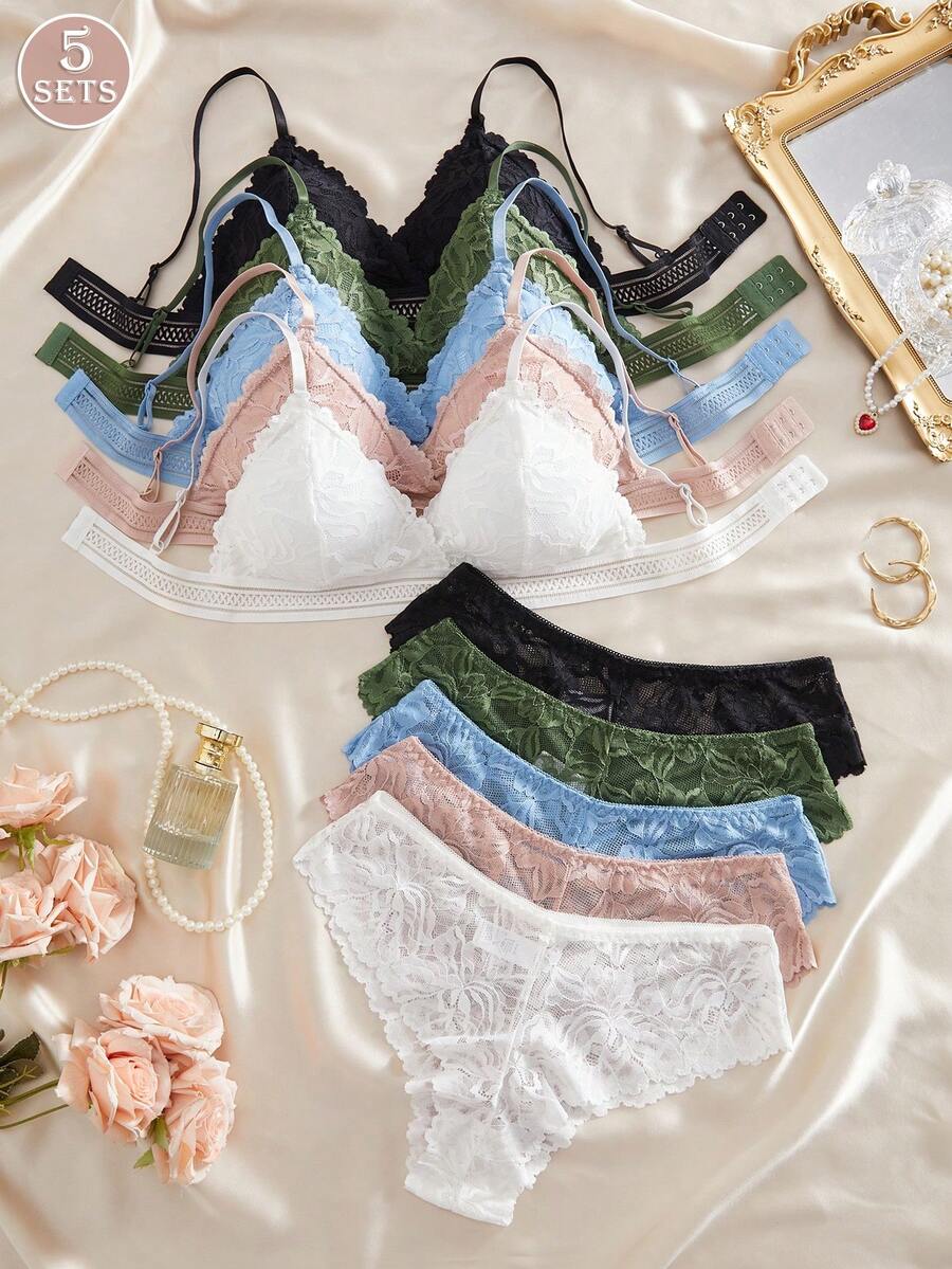 5SETS Women's French Romantic Lace Triangle Cup Bras Set, Comfortable Without Steel Bands, Simple And Fashionable, Removable Bust Padding, Daily Bras And Panties Set