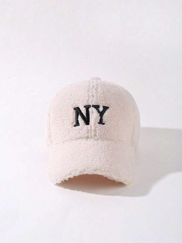 1pc Cute Women's Autumn And Winter NY Embroidered Fleece Plush Baseball Cap,Suitable For Outdoor Use Warm Plush Baseball Hat