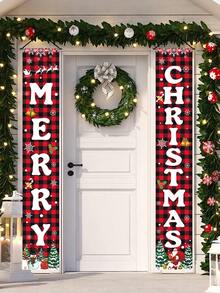 2pcs/Set Christmas Decoration Door Couplets, Red Black Plaid Santa Claus Snowman Pattern Door Banners, Merry Christmas Party Decoration Background Cloth, Christmas Indoor/Outdoor Porch Wall Decoration Hanging Flags, Christmas Entrance Door Front Door Decoration, Christmas Courtyard Garden Decoration