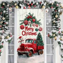 1pc 2D Christmas Door Banner - 180X90cm, Red Truck And Buffalo Plaid Design With Snowman, Holiday Home Decor, Christmas Decorations, No Power Required Room Decor Winter