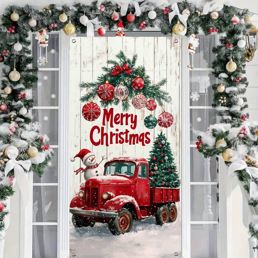 1pc 2D Christmas Door Banner - 180X90cm, Red Truck And Buffalo Plaid Design With Snowman, Holiday Home Decor, Christmas Decorations, No Power Required Room Decor Winter