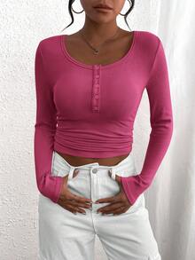 Women's Autumn Long-Sleeved Henry Shirt T-Shirt Button Ribbed Knit Fashion Tight Basic Top Shirt - Màu Hồng Tươi - Xem 3
