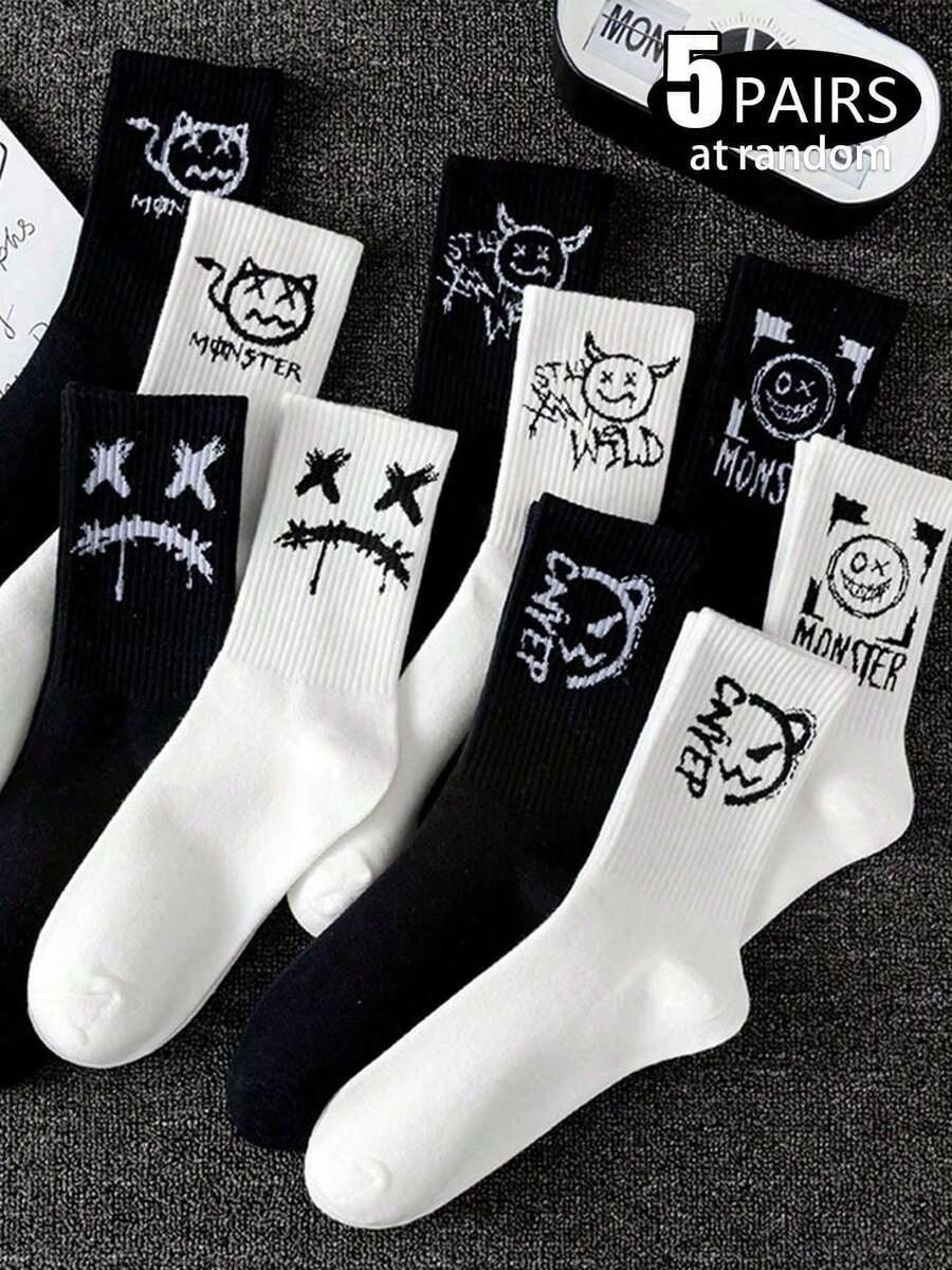5 双随机鬼印花男士中筒袜,黑白休闲运动篮球袜,适合日常穿着,春秋季 - 彩色 - 查看 1