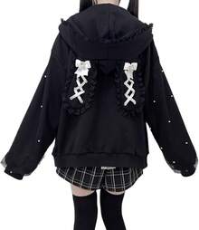 Women Cute Bunny Ear Long Sleeve Fuzzy Fluffy Rabbit Tops Sweatshirt Hoodie Coats - 弓黑色 - 查看 1