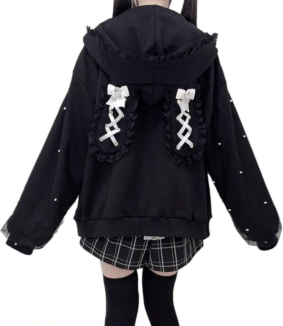 Women Cute Bunny Ear Long Sleeve Fuzzy Fluffy Rabbit Tops Sweatshirt Hoodie Coats - 弓黑色 - 查看 1