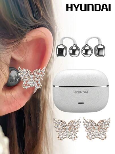 HYUNDAI 现代 HY-C03 时尚蓝牙耳机，带蝴蝶耳机配件夹，开放式，电池寿命长，低延迟，环绕声，高品质音乐，游戏，通话，降噪，无线运动耳机，无需穿孔，时尚耳环配件，送给女士的礼物