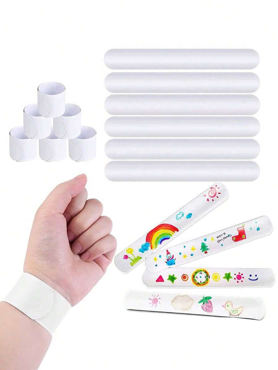 48pcs- White DIY Clap Bracelet, Halloween, Christmas Party Small Gifts, DIY Craft Project Clap Bracelet, Birthday Party, Handmade Project Clap Wristband, Game Activity Painting Craft Project
