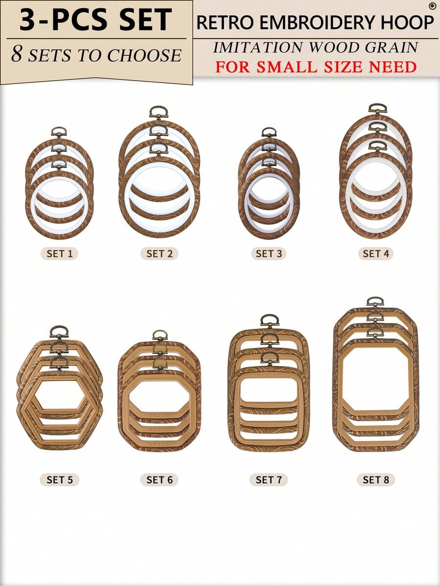 3 peças Mini Bastidores de Ponto Cruz em Estilo Vintage com Textura de Madeira Sintética Marrom, Molduras para Bordado, Argolas para Pendurar Apanhador de Sonhos, Feitos de ABS e PVC Duráveis, Com Ganchos de Metal para Decoração de Casa, Halloween, Natal, Chaveiros, Bolsas, Mesas, Carros - Castanho - Ver 1