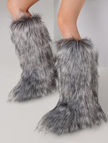 Cardigan,Women Winter Tall Boots, Warm Fashion Knee High Snow Boots, Brown Long Furry Boots, Women Shoes Style With Sweater - 灰色 - 查看 4