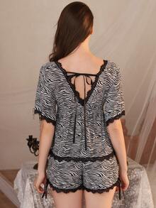 2pcs Women Sleepwear Pajama Set, Vintage Sexy Zebra Print Lace Patchwork, Ice Silk Fabric Slim Tie Front Top And Shorts, Fall Winter Clothes