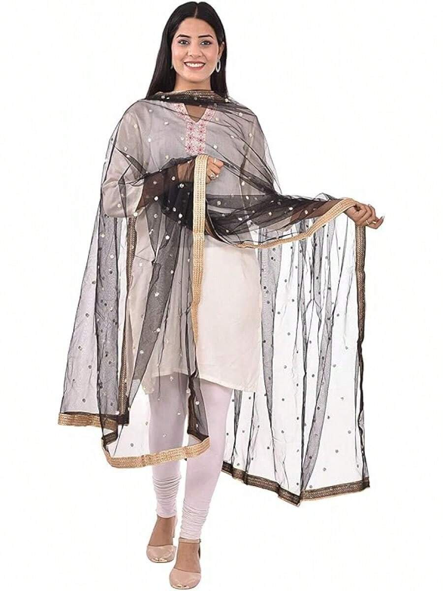 Woman's Embellished Net Dupatta Scarf Shawl Wrap Soft Bridal Wedding - 黑色 - 查看 1