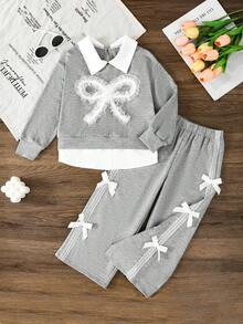 2pcs Back To School Girls' Spring/Autumn Lace Bow Collar Color Block Long Sleeve Top + Lace Bow Decor Pants Set, Fashionable Sporty Collegiate Style Outfit For Girls