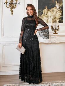 优雅黑色亮片串珠正式礼服，长袖蕾丝晚礼服，适合圣诞节、新年、感恩节、派对、婚礼和其他场合。 - 黑色 - 查看 8