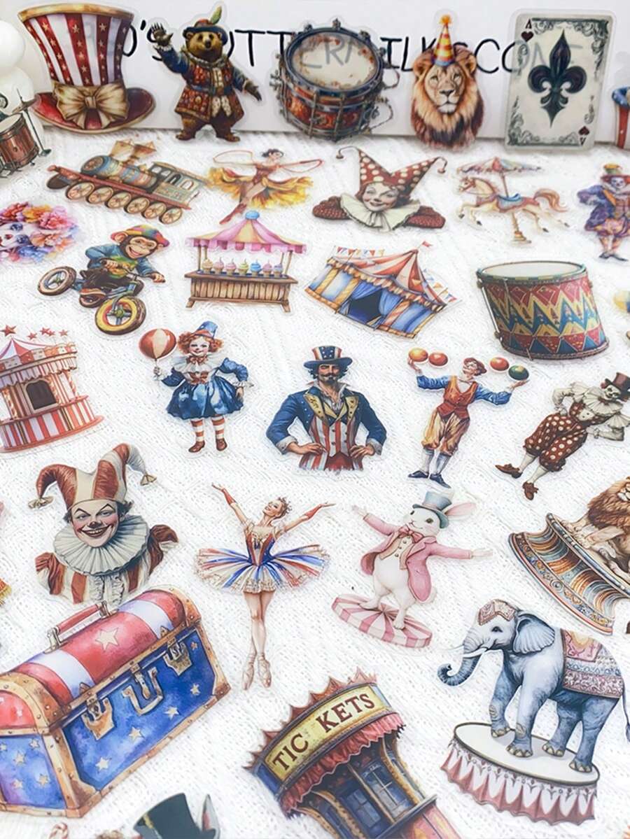 50pcs Cartoon Circus PET Transparent Stickers Funny Clown Lion Decals DIY Scrapbook Phone Fridge Helmet Skateboard Stickers - Multicolor - View 1