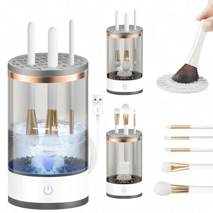 Efficient Electric Makeup Brush Cleaner Machine, Automatic Makeup Brush Cleaner For 3-4 Brushes At A Time, 7000 RPM Ensures Thorough Cleaning, Includes Silicone Pad For Irregularly Sized Brushes - mặc định - Xem 1