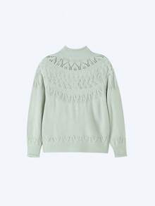 Annil Suéter de manga raglán de cuello medio con diseño de punto de cable Fair Isle cálido y dulce, diseñado para niñas mayores y adolescentes. - Verde - Ver 5